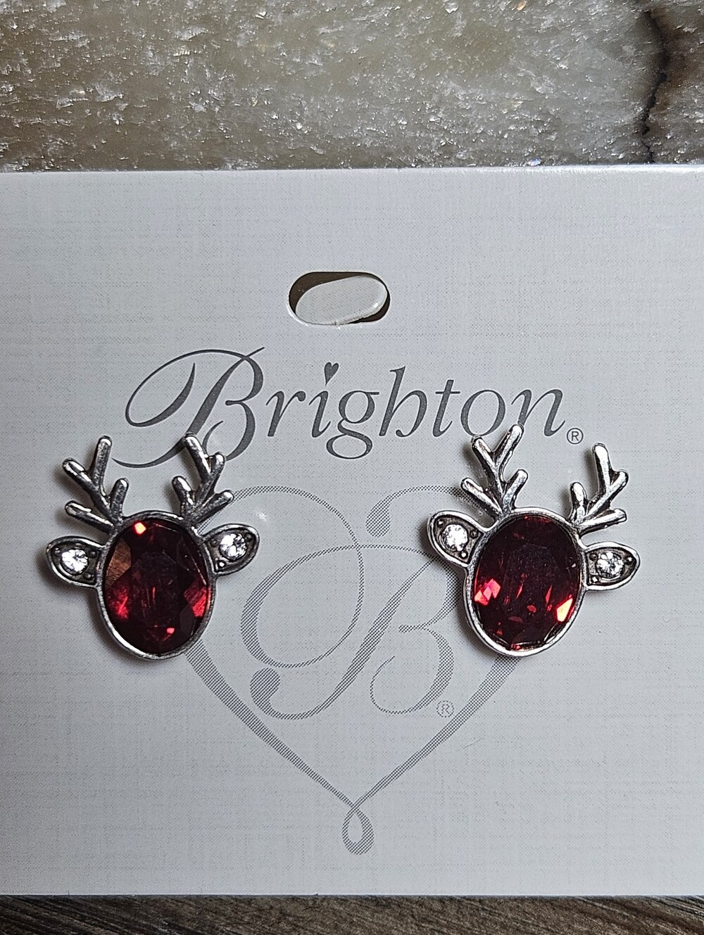 Brighton Silver Tone and Red Rhinestone Reindeer Post Earrings